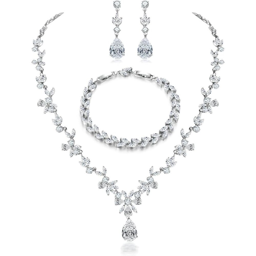 White Gold Plated Set With White Cubic Zirconia Allergy Free Wedding Party